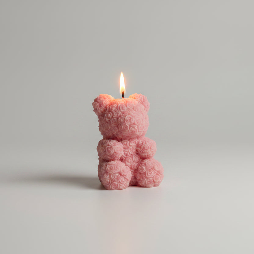 Bougie parfumée artisanale ourson fleuri assis rose