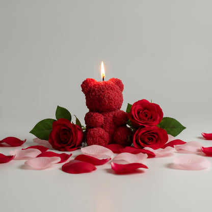 Bougie parfumée artisanale ourson fleuri assis rouge pour la Saint-Valentin