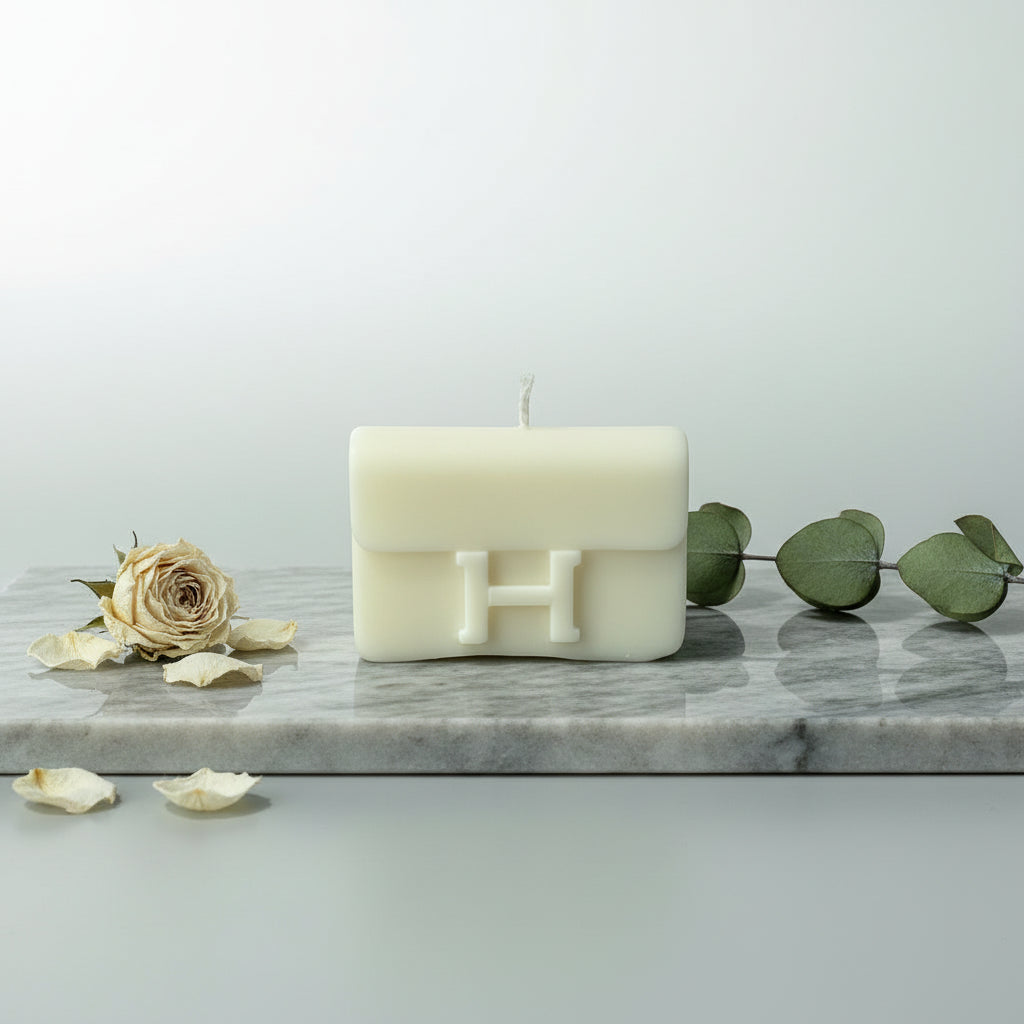Bougie parfumée artisanale forme sac H mini crème