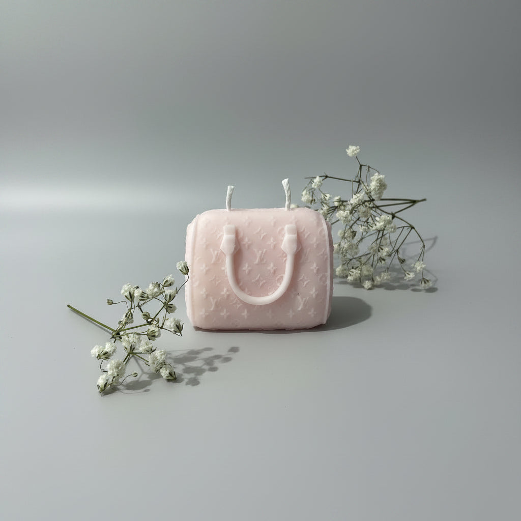 Bougie parfumée artisanale forme sac
de voyage rose