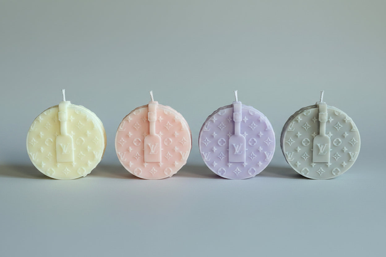 Bougie parfumée artisanale forme sac
rond rose, gris, violet et crème