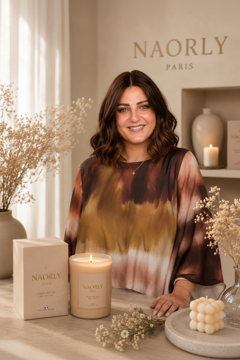 Fondatrice de Naorly avec des bougies dans un décor bohème et relaxant