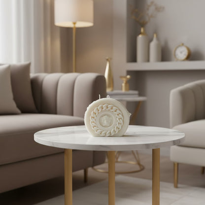 Bougie parfumée artisanale Sac rond Grand creme sur table